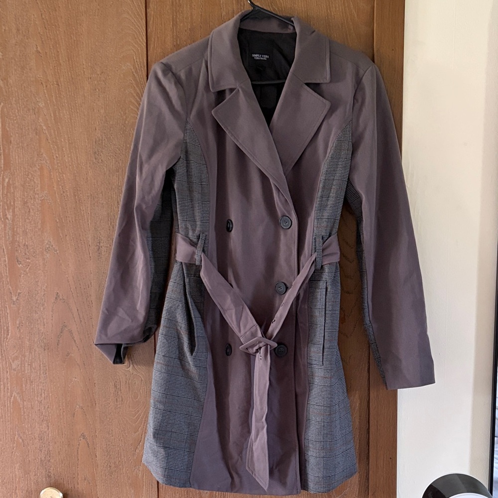 Simply Vera Vera Wang Taupe Trench Coat with Plaid Side Panels